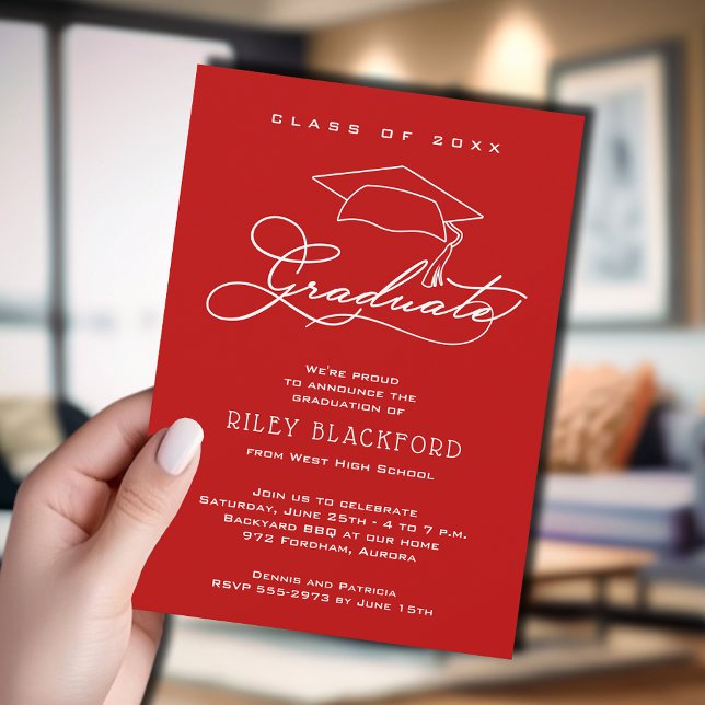Faire-part Chapeau de remise de diplômes moderne Écarlate Dip (Scarlet red graduation announcement cards feature your details in chic white lettering.)