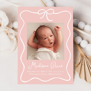 Faire-part Charming Bow Blush rose Baby Girl Photo Naissance