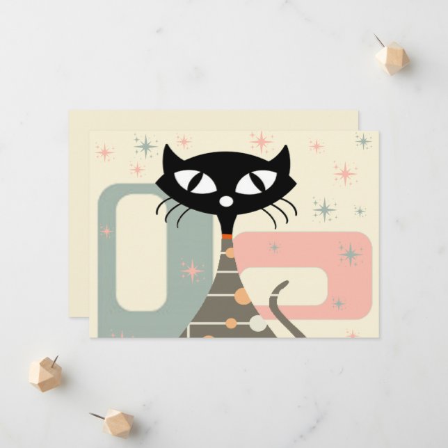 Faire-part Chat Du Milieu Du Siècle Moderne Du Milieu Du Sièc (Devant/Arrière en situation)