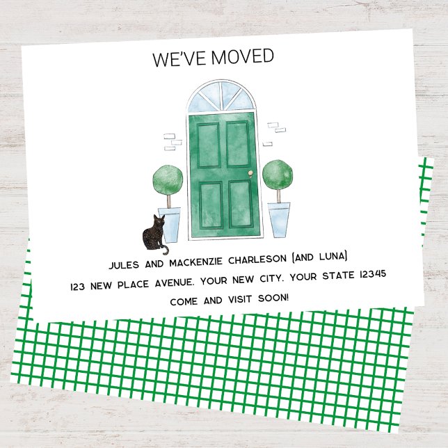 Faire-part Chat Porte Verte Nous Avons Déménagé Nouveau Faire (Green door cat watercolor custom text new home we I have moved change of address moving announcement)