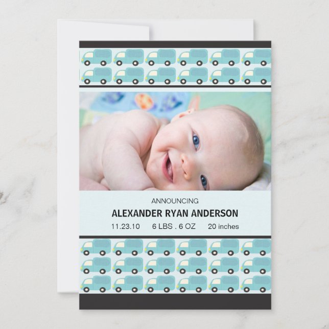 Faire-part Chéri ! Blue Trucks Baby Boy Annouement de naissan (Devant)
