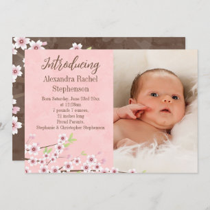 Faire-part Cherry Blossom rose & Brown bébé fille photo naiss