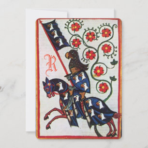 Faire-part CHEVALIER BLEU À CHEVAL PARCHEMIN MÉDIÉVAL Monogra