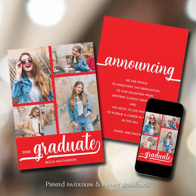 Faire-part Chic 4 Photo Rouge Remise de diplômes (Chic 4 Photo Red Graduation Announcements)