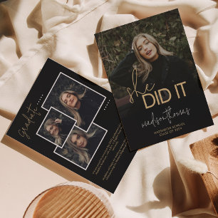 Faire-part Chic Black Gold Script Elle L'A Fait Photo Graduat