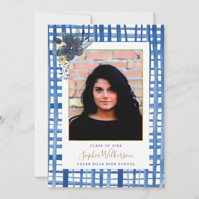 Faire-part Chic bleu Plaid et Fleurs Graduation Photo (Devant)