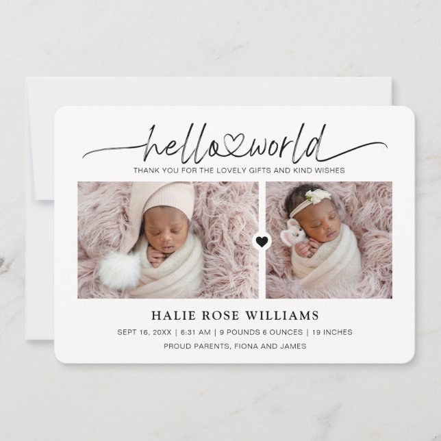 Faire-part Chic Collage Photo de Naissance Hello World (Devant)