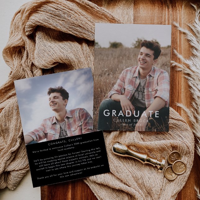 Faire-part Chic Dark Black Message et diplôme photo (Créateur téléchargé)