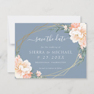Faire-part Chic Dusty Blue Peach Floral Gold Enregistrer la d