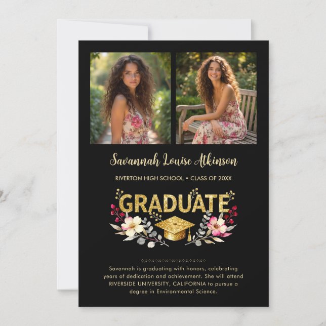 Faire-part Chic Floral Graduation Photo Collage Gold Script (Devant)