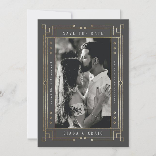 Faire-part Chic Grey Faux Gold Foil Art déco Enregistrer la d (Devant)