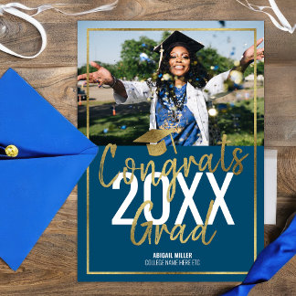 Faire-part Chic Moderne Bleu Et Or Script Graduation