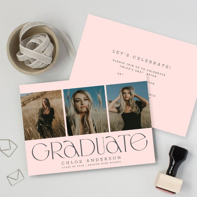 Faire-part Chic Moderne Blush Pink 3 Photo Graduation (Créateur téléchargé)