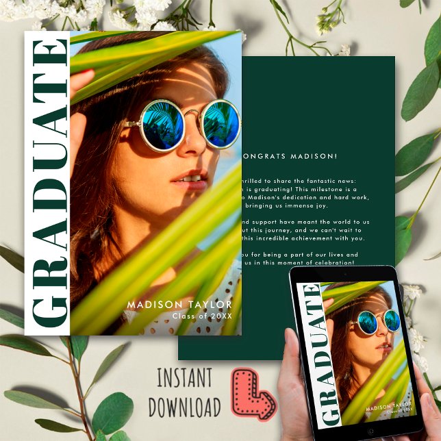 Faire-part Chic moderne Emerald Green White Photo Graduation (Créateur téléchargé)