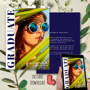 Faire-part Chic Moderne Marine Bleu et Blanc Photo Graduation