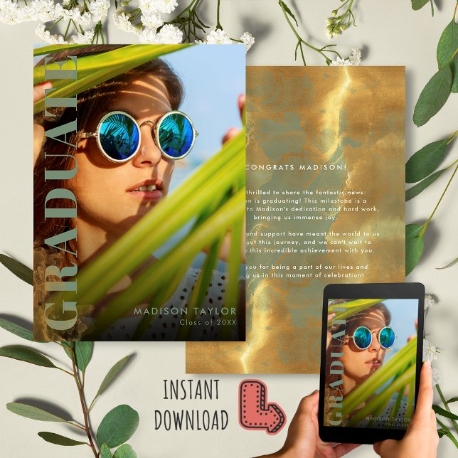 Faire-part Chic moderne Sage Green et Gold Photo Graduation (Créateur téléchargé)