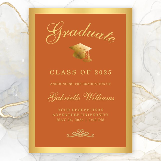 Faire-part Chic Orange Gold Frame Script Graduation (Chic Orange Gold Border Typography Graduation Announcement)