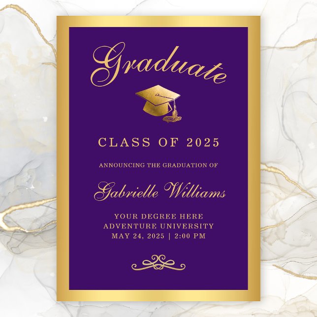 Faire-part Chic Purple Gold Frame Script Graduation (Chic Purple Gold Border Typography Graduation Announcement)
