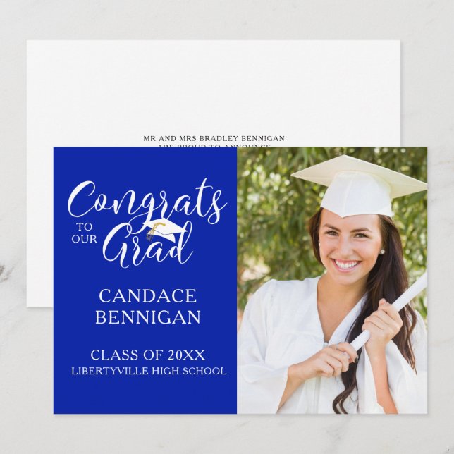 Faire-part Chic Script GRAGRAS GRAD Typographie Royal Blue (Devant / Derrière)