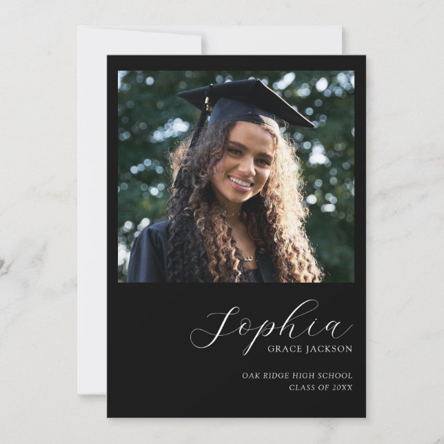 Faire-part Chic tendance noir manuscrit photo Graduation (Devant)