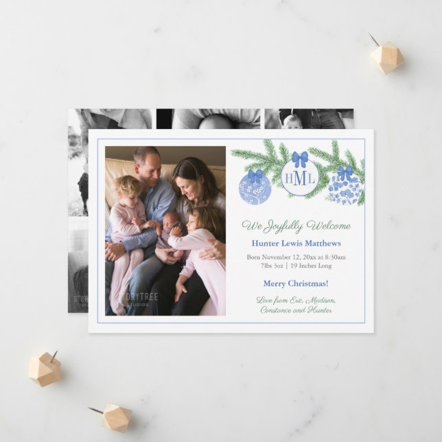 Faire-part Chinoiserie Monogramme Noël Bébé Garçon Naissance (Devant/Arrière en situation)