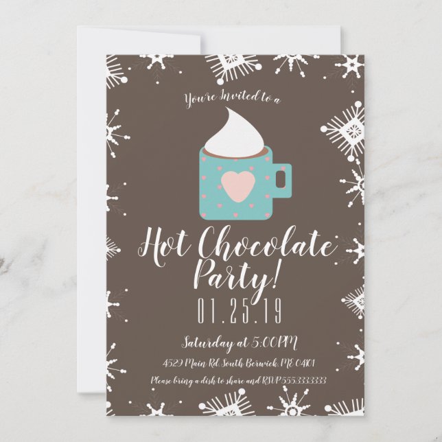 Faire-part Chocolat Chaud de Camp et Flocons de Neige Fête d' (Devant)
