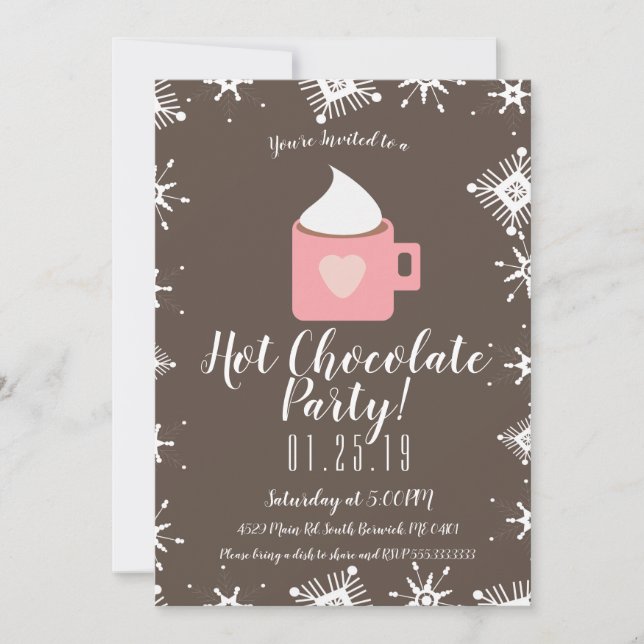 Faire-part Chocolat Chaud de Camp et Flocons de Neige Fête d' (Devant)