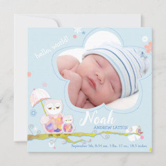 Faire-part Chouettes Florales Bleu Bébé Garçon Photo Naissanc