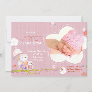 Faire-part Chouettes mignonnes Pink Baby Girl Photo Naissance