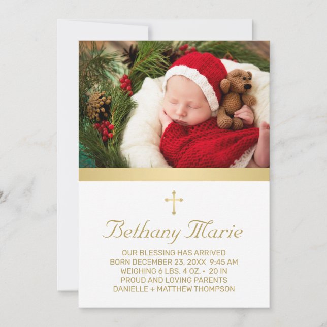 Faire-part Christian Gold Script Holiday Baby Birth Photo (Devant)