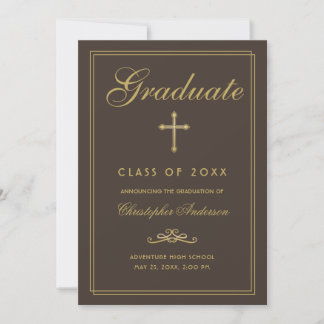 Faire-part Christian Graduation Brown Gold Cross Script