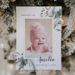 Faire-part Christmas Foliage Baby Photo Birth<br><div class="desc">Elegant and whimsical birth announcement card featuring watercolor illustration of winter botanicals around the frame. You can add a second picture on the back with your message. Perfect card to send during Christmas season.</div>