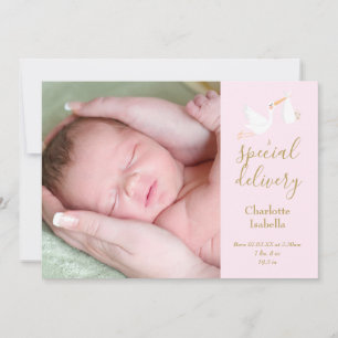 Faire-part Cigogne de livraison spéciale Bébé fille Photo Ros