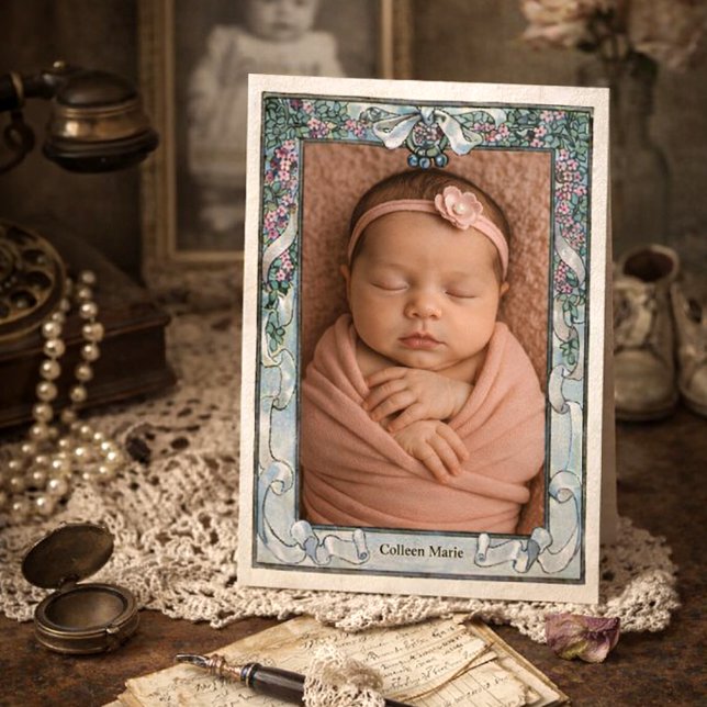 Faire-part Cigogne Fleurs Rubans Mignons Vintage Naissance (Créateur téléchargé)