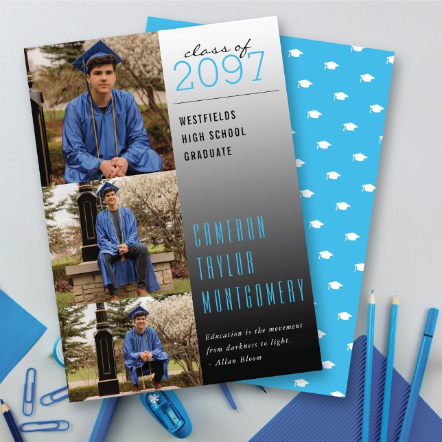 Faire-part Citation Bleu foncé à clair 3 Photo Graduation Mod (Blue Dark To Light Quote 3 Photo Collage Modern Graduation Announcement @ zazzle.com/color_therapy)