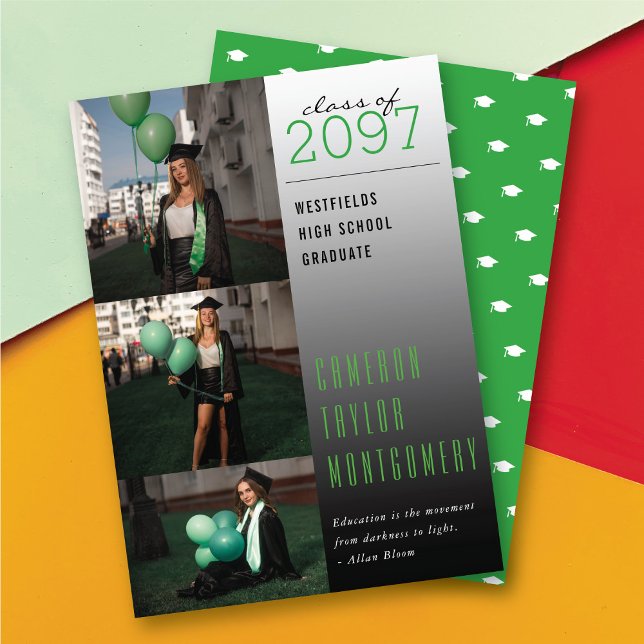 Faire-part Citation Vert foncé à clair Photo Graduation moder (Green Dark To Light Quote 3 Photo Modern Graduation Announcement Card @ zazzle.com/color_therapy)