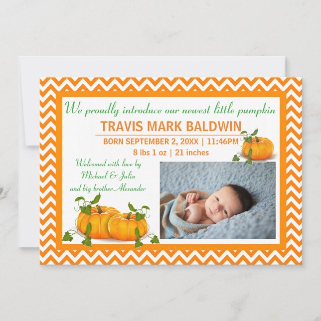 Faire-part Citrouille photo Chevron - Annonce de naissance (Devant)