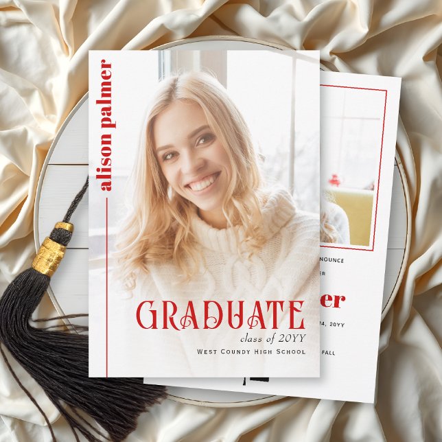 Faire-part Class of 2026 GRADUATE minimalist red photo (Créateur téléchargé)