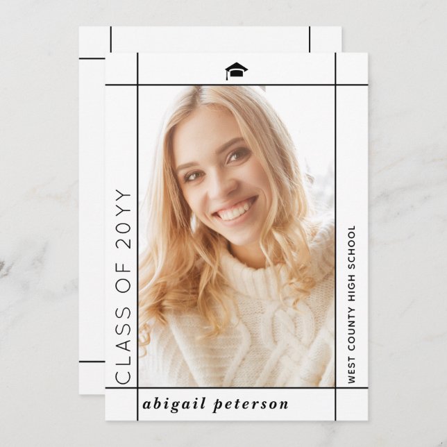 Faire-part Classe blanche moderne de photo de graduation 2025 (Devant / Derrière)