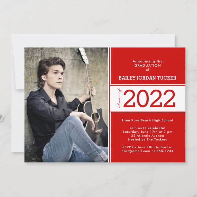 Faire-part Classe Bold Année Rouge Blanc 2-Photo Graduation (Devant)