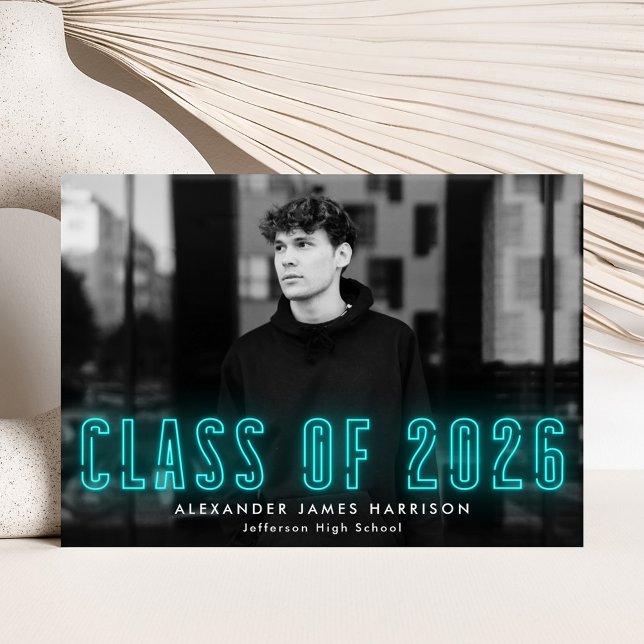 Faire-part Classe Cyan Neon moderne de 2023 Diplôme Photo (Créateur téléchargé)