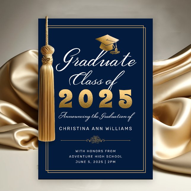 Faire-part Classe de 2025 Graduate Gold de la Marine (Elegant Gold White Script on Navy Blue with thin gold frame Graduation Announcement)
