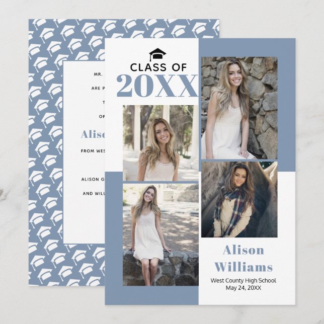 Faire-part Classe de 2025 quatre photos graduation bleu pouss (Devant / Derrière)