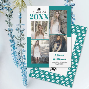 Faire-part Classe de 2025 quatre photos graduation bleu turqu