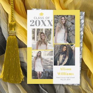 Faire-part Classe de 2025 quatre photos graduation gris jaune