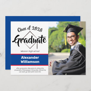 Faire-part Classe de Blue Red Classic Script Photo Graduation