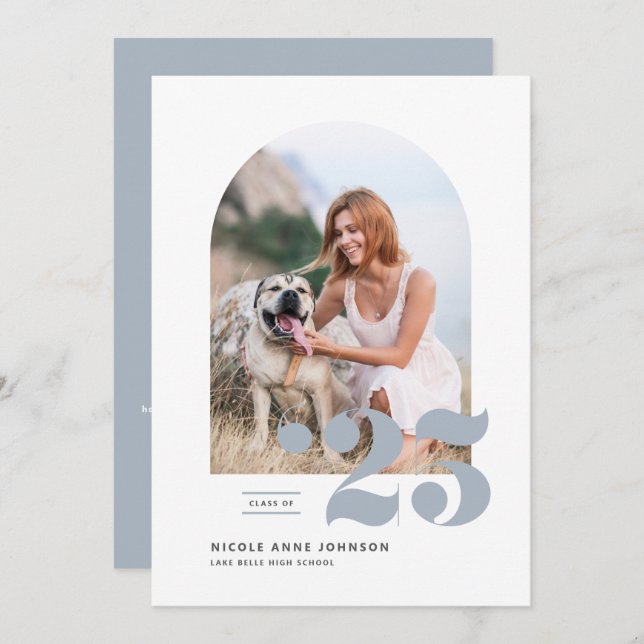 Faire-part Classe Dusty Blue de 2025 Arch Photo Graduation (Devant / Derrière)