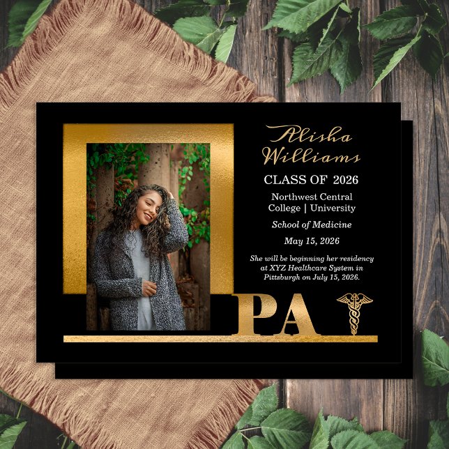 Faire-part Classé Elegant Gold PA Caduceus 1 Photo Black Grad (Elegant Classy Gold Tone PA Caduceus Physician's Assistant 1 Photo Black Grad Announcement)