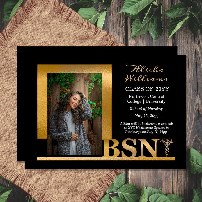 Faire-part Classé Elegant Or BSN Caduceus 1 Photo Noir (Classy Elegant "BSN" Gold Tone | Black Caduceus Photo Graduation Announcement - Print | Download)