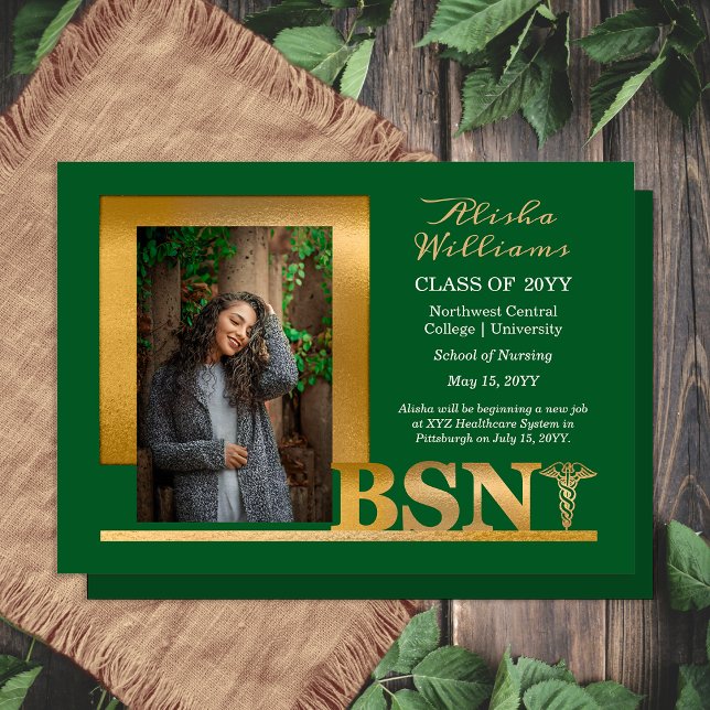 Faire-part Classé Elegant Or BSN Caduceus Photo Dk Green (Elegant Classy Gold Tone BSN Caduceus Photo Dark Green Graduation Announcement - Print | Digital )